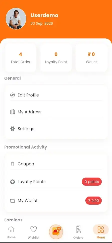 ChowNow Clone 20 UberEats Clone Customer Account Menu showing profile, addresses, settings, coupons, loyalty points and wallet balance