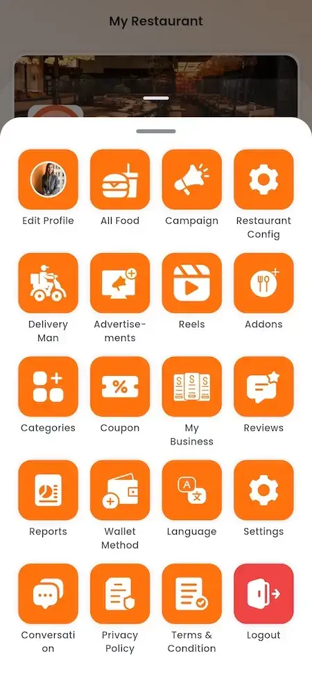 ChowNow Clone 29 UberEats Clone Restaurant Management Menu showing profile, food, campaign, configuration, delivery, advertising, reports and wallet shortcuts