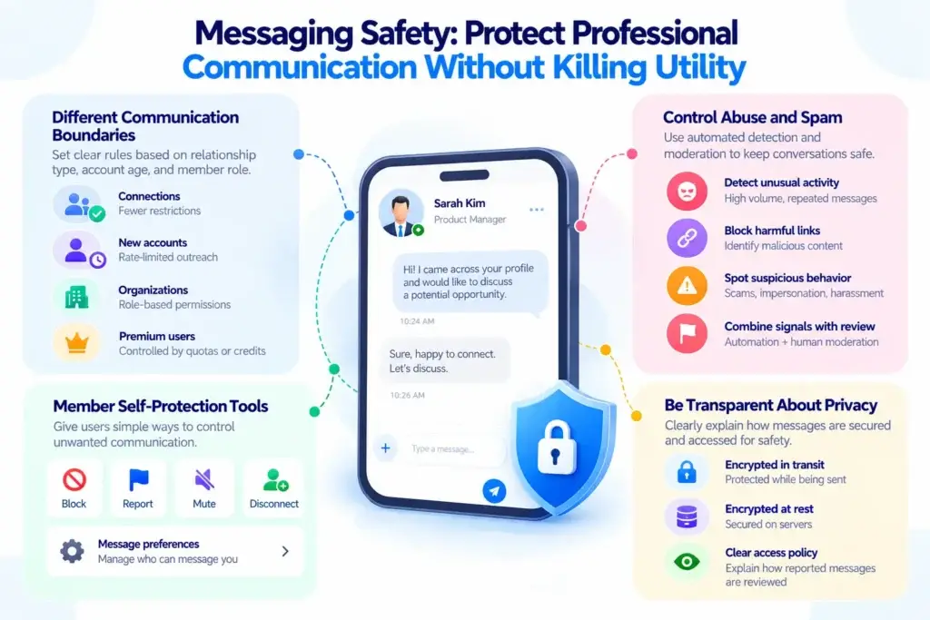 Trust and Security in a Professional Networking Platform: Identity, Account Protection, Messaging, and Data Privacy 1 Messaging safety features for professional communication including privacy, abuse detection, moderation, and user controls