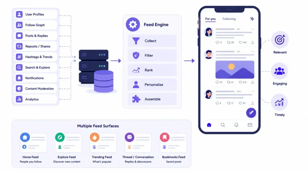 Microblogging Platform Feed Architecture: Public Discovery, Following, and Personalized Content 1 Microblogging platform feed architecture showing user profiles, follow graph, posts, trends, moderation, analytics, feed ranking, personalization, and multiple feed surfaces.