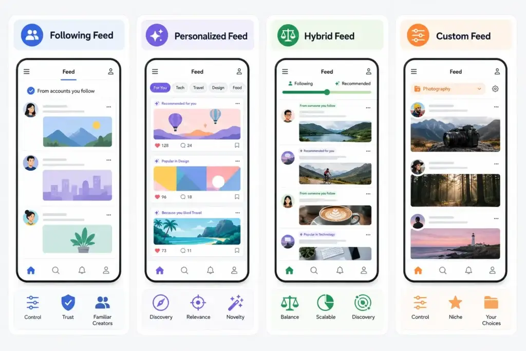 How Personalized and Following Feeds Shape User Discovery in a Microblogging Platform 1 Comparison of following, personalized, hybrid, and custom feeds for content discovery on a microblogging platform.