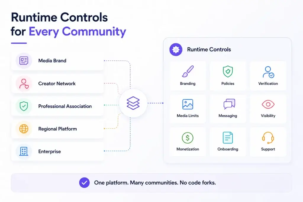 Microblogging Platform Runtime Controls: Branding, Policies, and Platform Settings Without Redevelopment 2 Microblogging platform settings with runtime controls for branding, policies, verification, media limits, messaging, monetization, and onboarding.