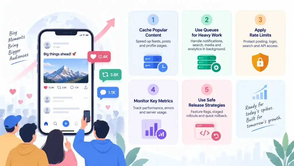 Real-Time Microblogging Platform Architecture: Feeds, Posts, Notifications, Messaging, and Traffic Spikes 2 Five strategies for scaling a real-time microblogging platform during viral traffic spikes