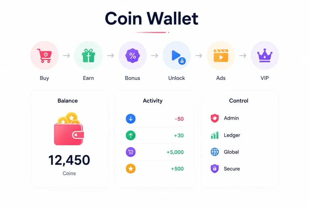 What Payment Infrastructure Does a Microdrama Streaming Platform Need for Global Expansion? 1 Microdrama payment infrastructure coin wallet showing purchases, rewards, bonus coins, episode unlocks, ads, and VIP access.
