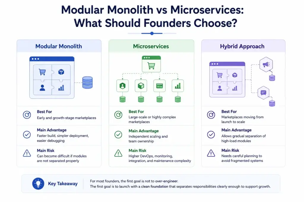 Multi-Vendor Ecommerce Marketplace Architecture: Catalog, Orders, Seller Operations, Payments, and Delivery 2 Modular monolith vs microservices comparison for multi-vendor ecommerce marketplace architecture, including best use cases, advantages, risks, and hybrid approach