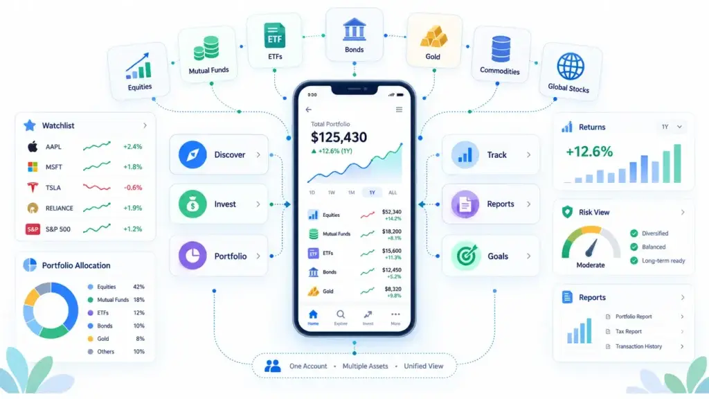 Multi-Asset Investment Platform Features and Cost Factors: What Founders Should Evaluate Before Launch 1 Multi-asset investment platform showing equities, mutual funds, ETFs, bonds, gold, commodities, global stocks, portfolio tracking, risk analysis, and reports.