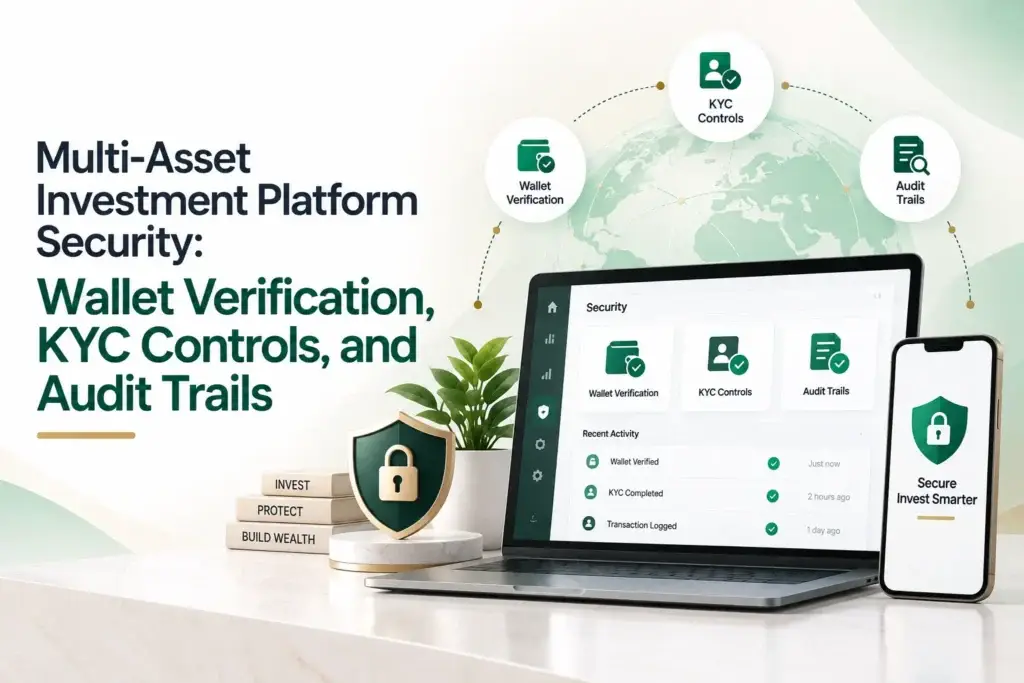 Multi-asset investment platform security showing wallet verification, KYC controls, audit trails, and secure investment account management