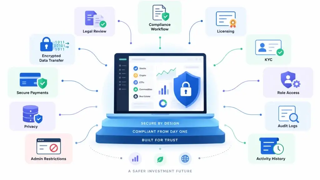 Why Startups Choose a Ready-Made Multi-Asset Investment Platform Over Custom Development 2 Multi-asset investment platform security and compliance showing KYC, licensing, encrypted data transfer, secure payments, role-based access, audit logs, privacy, and legal review.