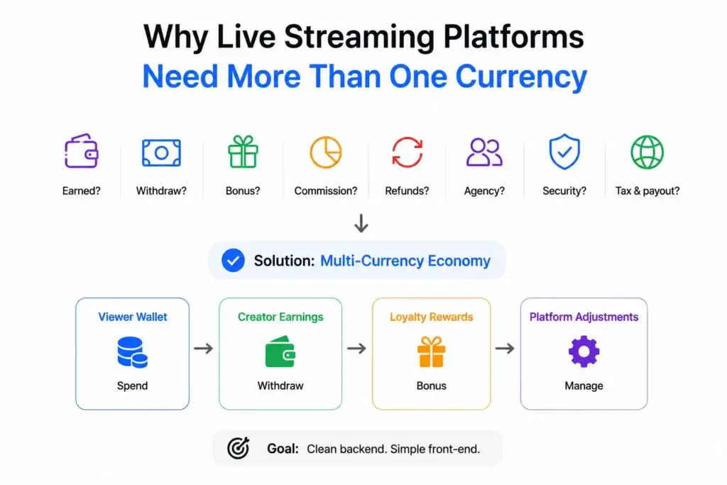 How Should Startups Structure a Multi-Currency Economy for a Live Streaming Entertainment Platform? 1 Multi-currency system for a Live Streaming Platform Economy showing viewer spending, creator earnings, loyalty rewards, platform adjustments, refunds, commissions, and payouts.