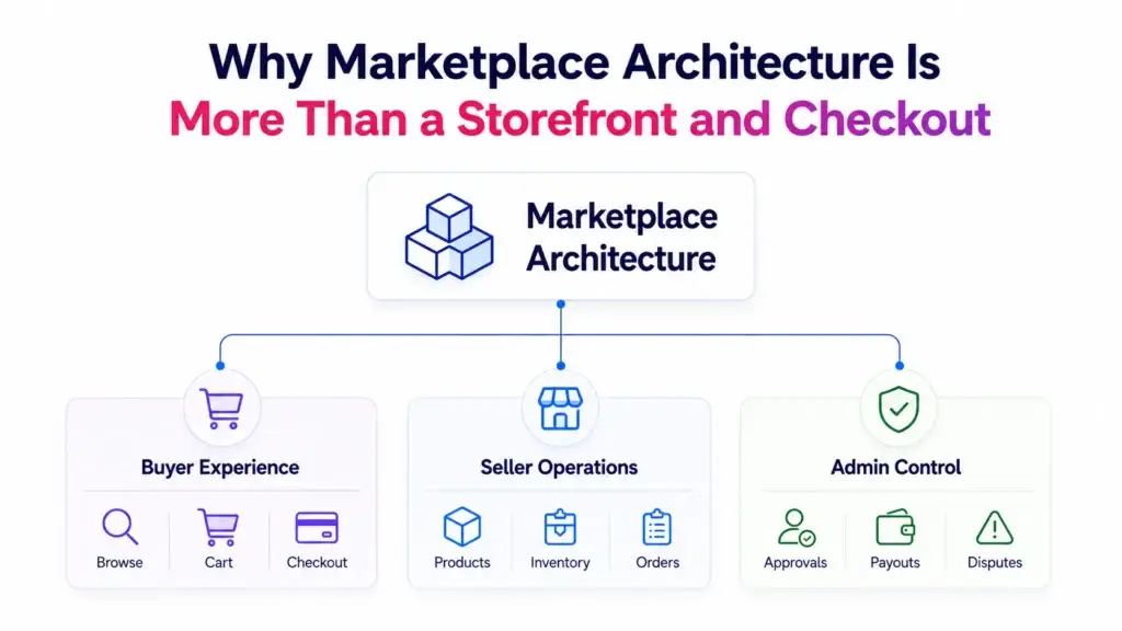 Multi-Vendor Ecommerce Marketplace Architecture: Catalog, Orders, Seller Operations, Payments, and Delivery 1 Multi-vendor ecommerce marketplace architecture showing buyer experience, seller operations, and admin controls for products, inventory, orders, payouts, approvals, and disputes