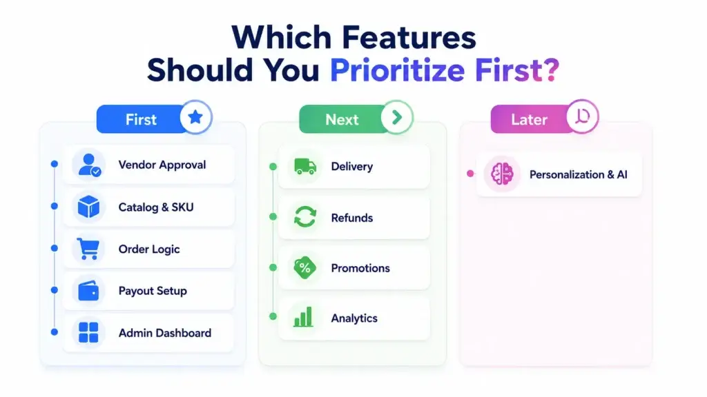 What Features Should a Multi-Vendor Ecommerce Marketplace Include Beyond Product Listings and Checkout? 2 Multi-vendor ecommerce marketplace feature prioritization showing vendor approval, catalog and SKU management, order logic, payouts, admin dashboard, delivery, refunds, promotions, analytics, and AI
