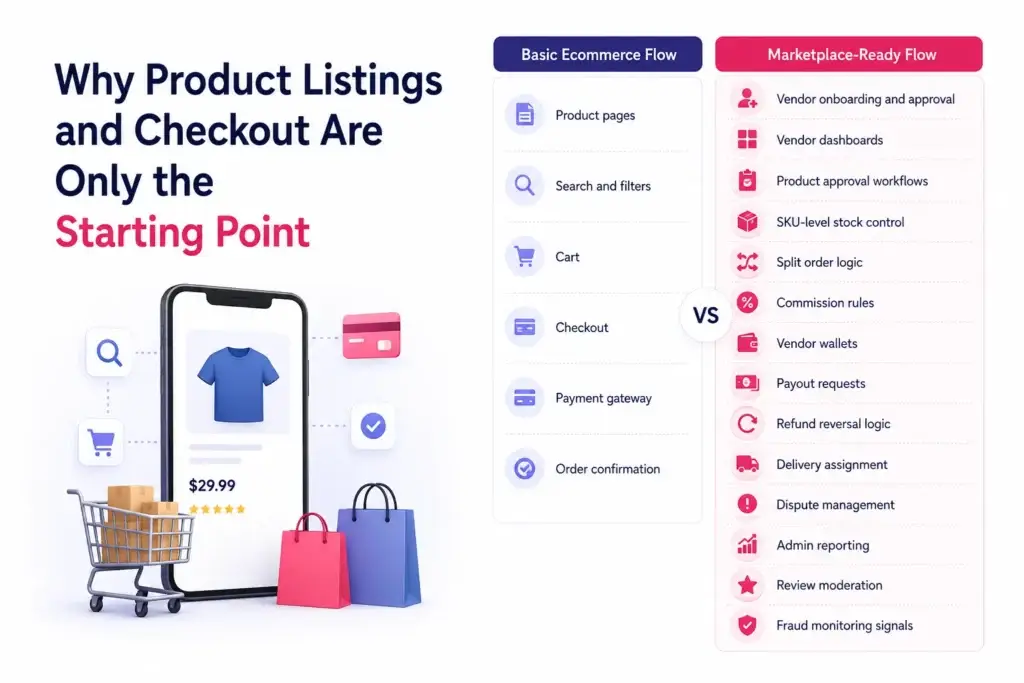 What Features Should a Multi-Vendor Ecommerce Marketplace Include Beyond Product Listings and Checkout? 1 Multi-vendor ecommerce marketplace comparison showing basic ecommerce flow versus marketplace-ready operations including vendor onboarding, commissions, payouts, inventory, refunds, delivery, and fraud monitoring