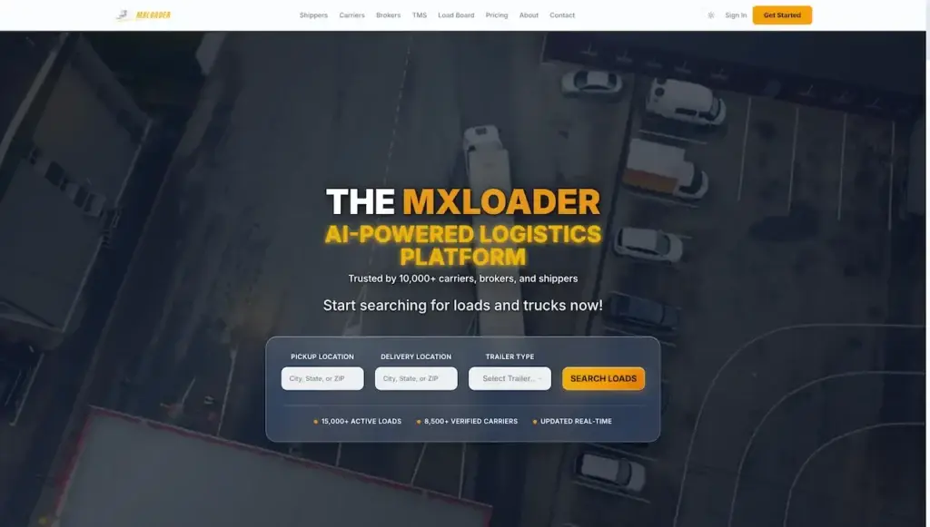 White Label Load Board Software 52 MXLoader AI-powered logistics platform landing page with freight search form
