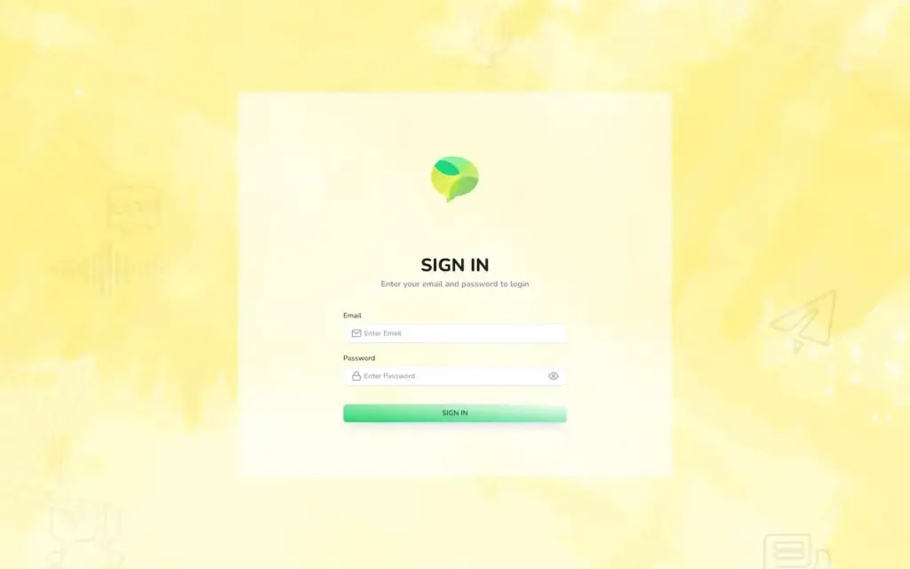 WhatsApp Clone 23 WhatsApp Clone admin sign-in screen with email and password fields on a branded authentication background.