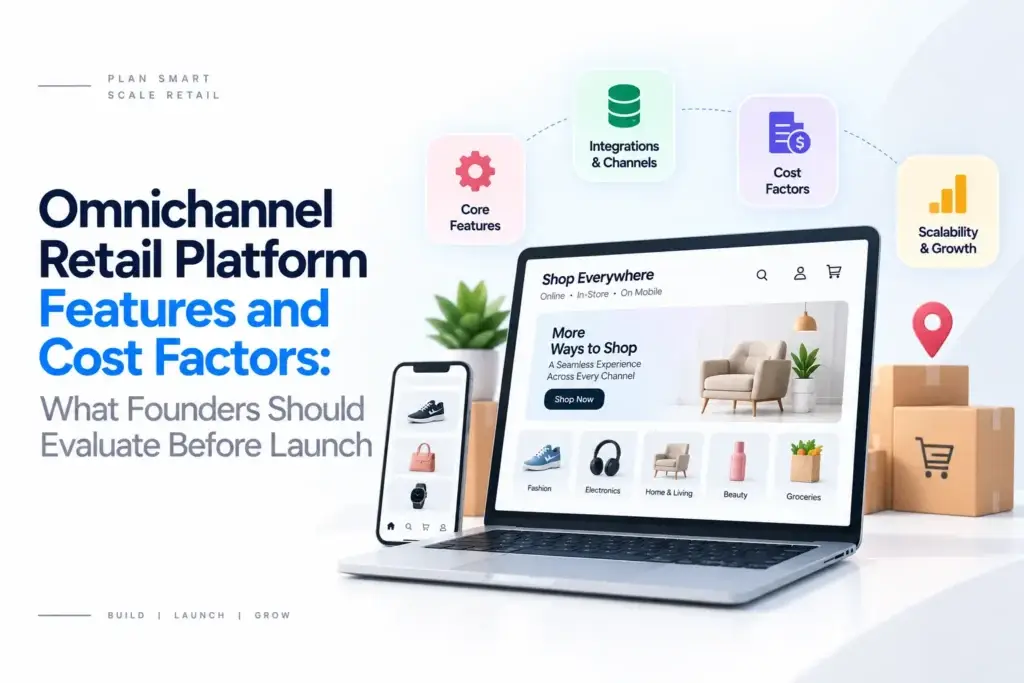 Omnichannel retail platform features and cost factors showing core features, integrations, sales channels, scalability, growth, and launch planning