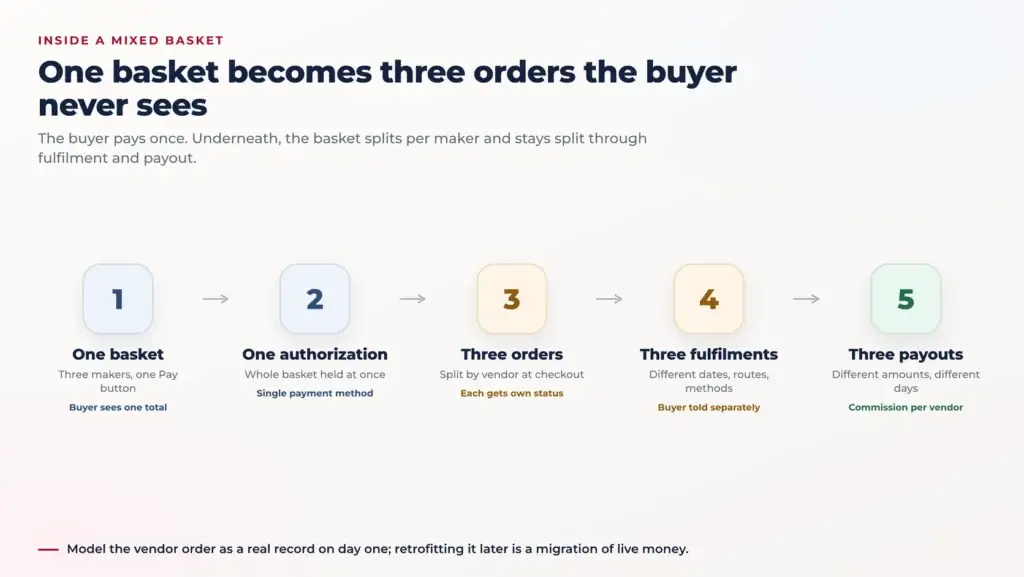 Five-step flow showing one basket with three makers becoming one authorization, three vendor orders, three separate fulfilments and three separate payouts
