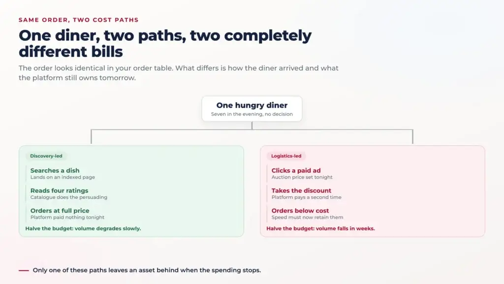 Zomato vs Swiggy: Two Restaurant Discovery Growth Strategies Compared 1 Split diagram following one hungry diner down two acquisition paths, an earned discovery route and a paid route, each reaching the same order with a different bill and a different answer to a halved budget