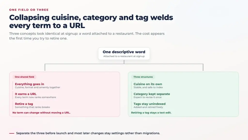 Zomato Clone Script: Restaurant Discovery Features, Pricing and Catalogue 1 Split diagram following one descriptive word about a restaurant down two paths, one shared field where every term ends up owning a URL and three separate structures where tags stay free to retire