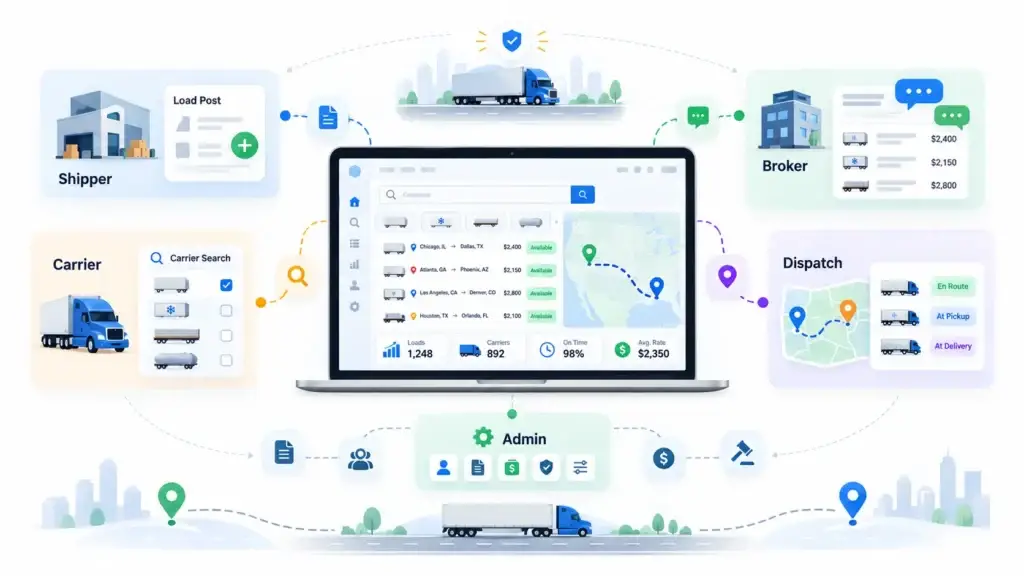 How Does an Online Load Board Connect Shippers, Brokers, and Carriers? 1 Online load board workflow showing shipper load posting, carrier search, broker communication, dispatch tracking, and admin management