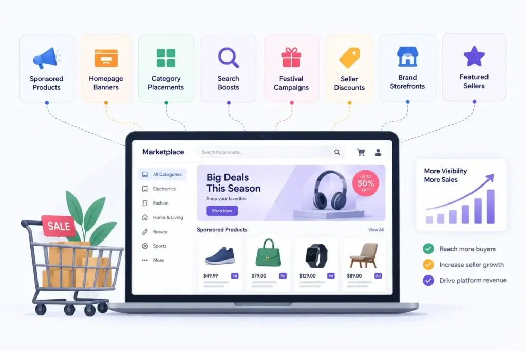 Online Retail Marketplace Business Model: How Buyers, Sellers, Delivery, and Platform Operations Connect 2 Online retail marketplace advertising options, including sponsored products, homepage banners, search boosts, and featured sellers.