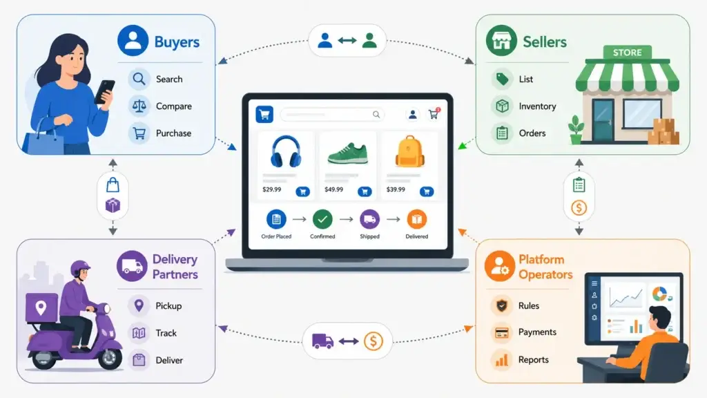 Online Retail Marketplace Business Model: How Buyers, Sellers, Delivery, and Platform Operations Connect 1 Online retail marketplace business model connecting buyers, sellers, delivery partners, and platform operators.
