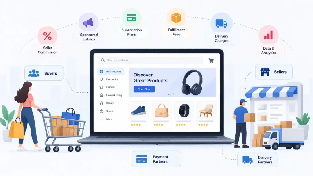 How Do Online Retail Marketplaces Generate Revenue Beyond Seller Commissions? 1 Online retail marketplace revenue model connecting buyers, sellers, payment partners, delivery services, and multiple income streams.