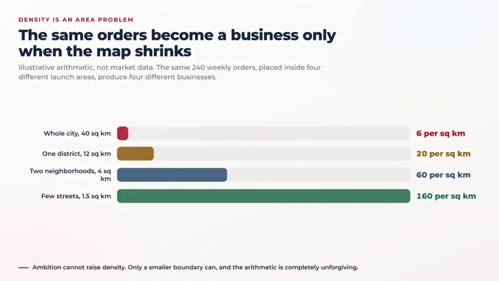 Grubhub Marketing for Startups: Cold Start in a Delivery Dispatch Zone 2 Bar chart drawn to scale showing the same weekly order volume producing four very different order densities per square kilometre as the launch area shrinks from a whole city to a district, to two neighborhoods, to a few streets