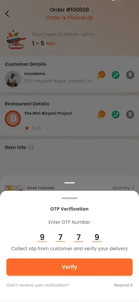 ChowNow Clone 40 UberEats Clone Delivery OTP Verification showing customer and restaurant order information with a delivery verification code form