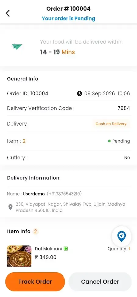 ChowNow Clone 19 UberEats Clone Customer Order Details showing delivery estimate, verification code, order status, address, items and tracking controls