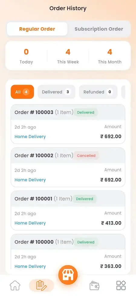 ChowNow Clone 28 UberEats Clone Restaurant Order History showing regular and subscription orders with delivery, cancellation and refund filters
