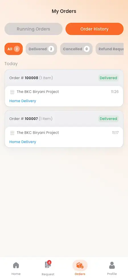 ChowNow Clone 39 UberEats Clone Delivery Order History showing delivered orders grouped by status with restaurant, time and amount