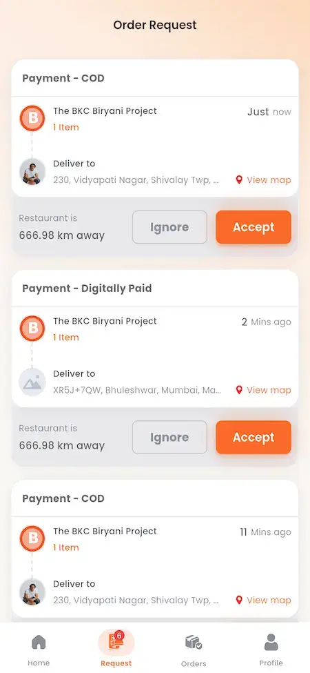 ChowNow Clone 38 UberEats Clone Delivery Order Requests showing available COD and prepaid jobs with pickup location, distance and accept controls