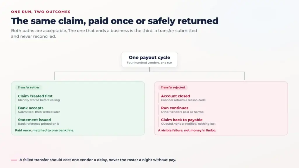How to Build a Speciality Food Marketplace Like Goldbelly: Vendor Payouts 2 Split diagram comparing one payout that settles cleanly with one rejected by the bank, showing the identified claim returning to payable while the rest of the disbursement run continues uninterrupted