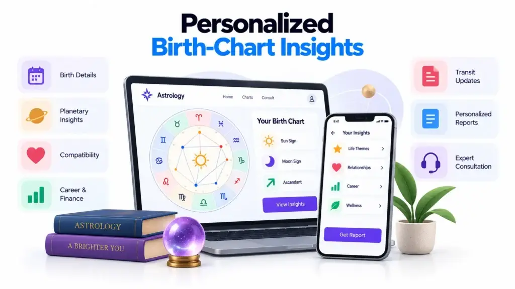 From Generic Horoscopes to Personalized Birth-Chart Insights: Improving the Digital Astrology Experience 1 Personalized birth-chart insights platform with planetary analysis, compatibility, career guidance, transit updates, AI insights, and expert consultation