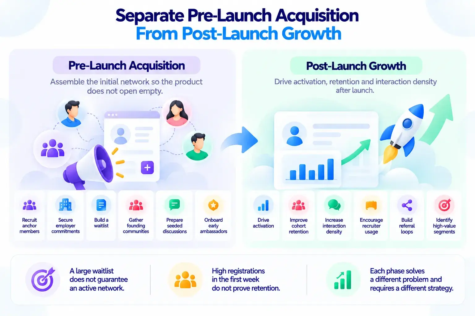 Growth Strategy for a Professional Networking Platform: Member Acquisition, Network Activity, and Recruiter Demand 2 Separate pre-launch acquisition from post-launch growth for a professional networking platform