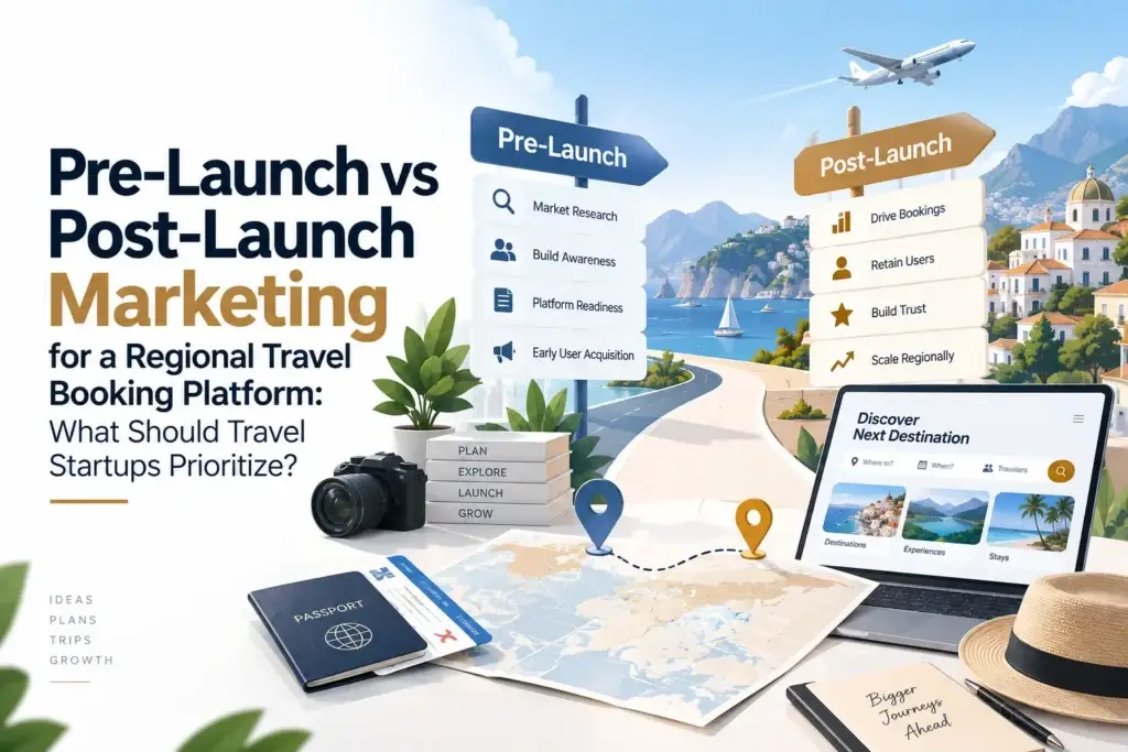 Pre-launch vs post-launch marketing for a regional travel booking platform