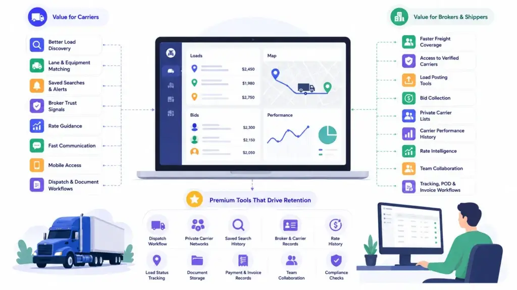 How Should Founders Plan Pricing, Subscriptions, and Premium Tools for a Freight Marketplace? 2 Premium freight marketplace tools for carriers, brokers, and shippers including load discovery, rate intelligence, tracking, documents, and collaboration.