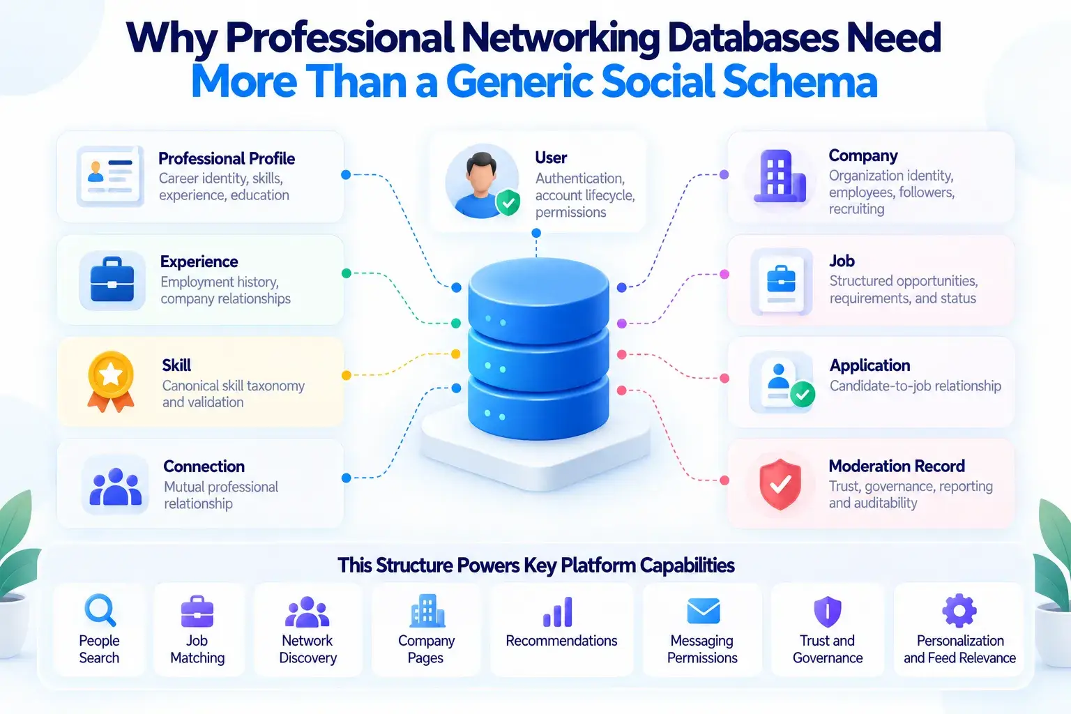 Professional Networking Platform Database Design: Profiles, Connections, Skills, Jobs, and the Professional Graph 1 Professional networking database schema connecting profiles, users, companies, jobs, skills, applications, connections, and moderation records