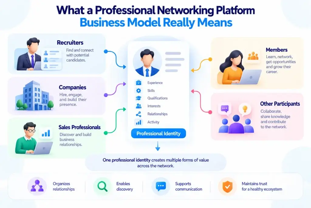 Professional Networking Platform Business Model: How Members, Recruiters, Companies, and Sales Teams Connect 1 Professional networking platform business model connecting recruiters, companies, sales professionals, members, and other participants