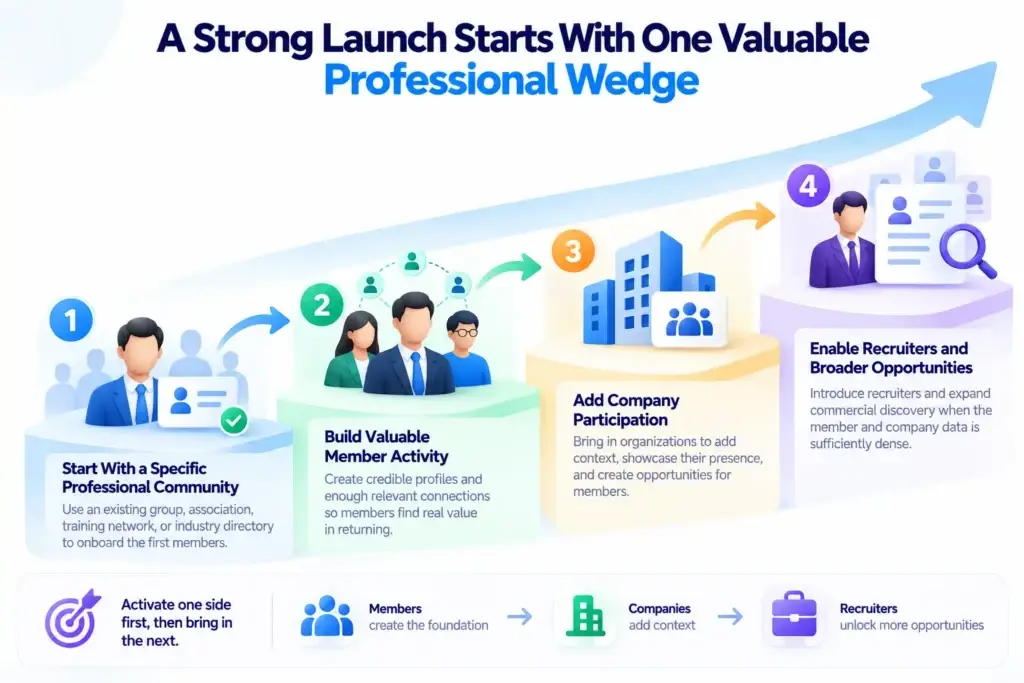 Professional Networking Platform Business Model: How Members, Recruiters, Companies, and Sales Teams Connect 2 Professional networking platform launch strategy using a focused community, member activity, company participation, and recruiter expansion