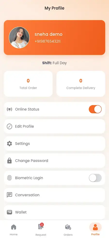 ChowNow Clone 37 UberEats Clone Delivery Partner Profile showing shift status, completed deliveries, profile, password, wallet and settings options
