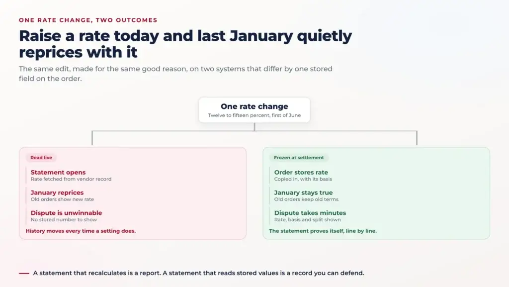 Goldbelly Revenue Model: Why Marketplace Commission Freezes at Settlement 1 Diagram comparing a commission rate read live from the vendor record against a rate frozen onto the order at settlement, and what each one does to last month's statement