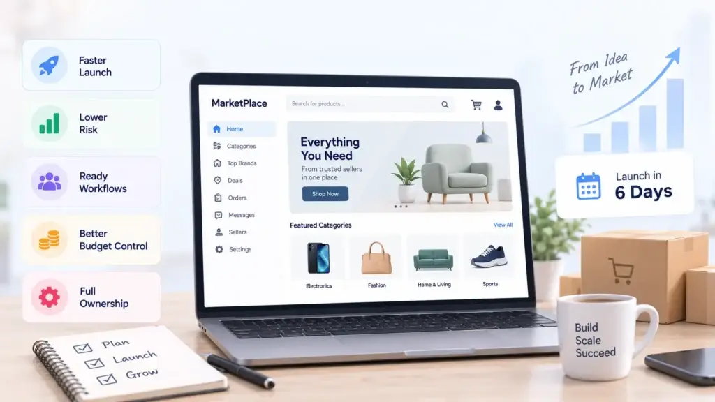 Why Startups Choose a Ready-Made Regional Ecommerce Marketplace Over Custom Development 1 Ready-made regional ecommerce marketplace offering faster launch, lower risk, ready workflows, budget control, and source-code ownership.