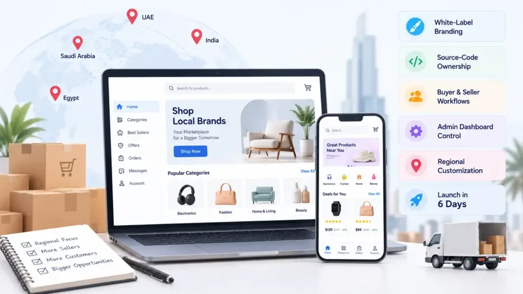 Why Startups Choose a Ready-Made Regional Ecommerce Marketplace Over Custom Development 2 Ready-made regional ecommerce marketplace with white-label branding, source-code ownership, local workflows, and admin dashboard control.