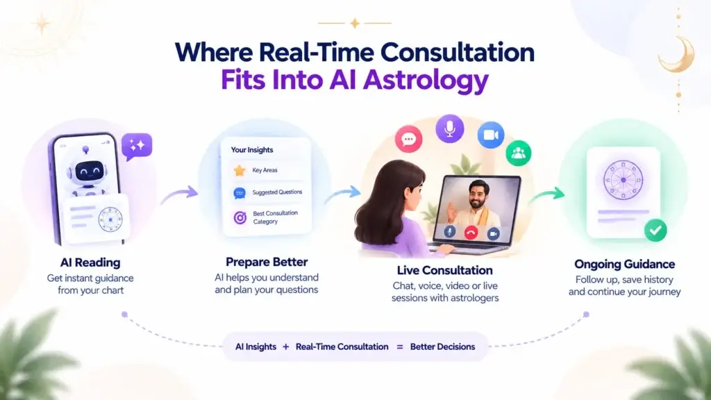 What Makes AI Astrology Reliable? Kundli Calculations, Planetary Data, and Interpretation Accuracy 2 Real-time astrology consultation integrated with AI readings, live astrologer sessions, and ongoing guidance