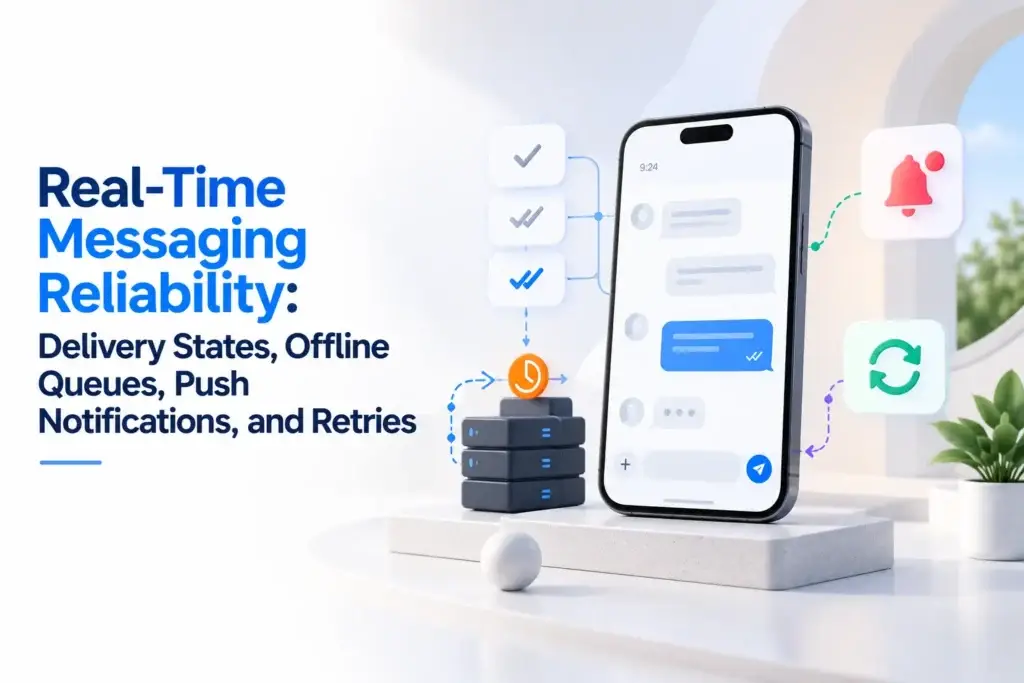 Real-time messaging reliability with delivery states, offline queues, push notifications, and message retries