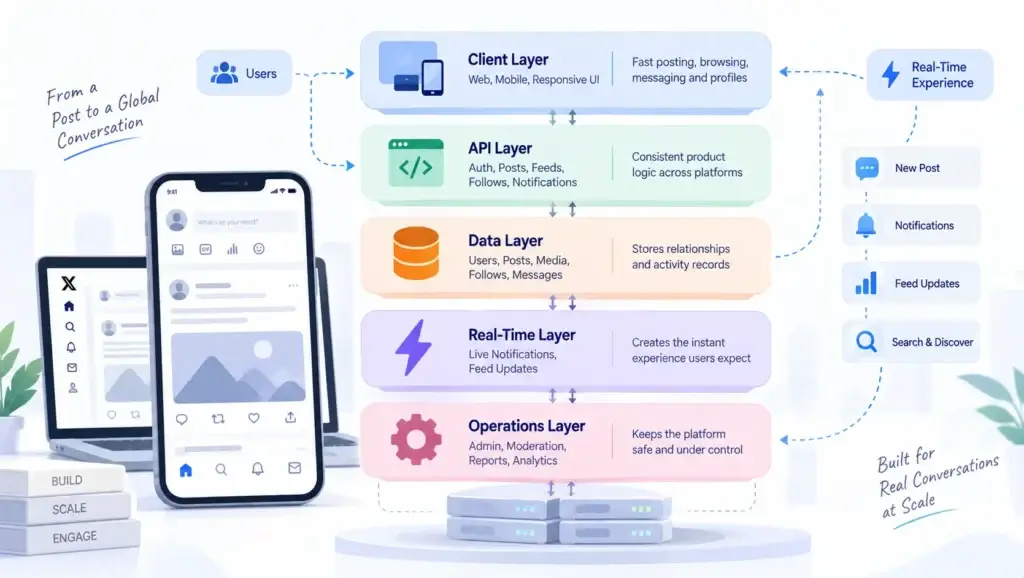Real-Time Microblogging Platform Architecture: Feeds, Posts, Notifications, Messaging, and Traffic Spikes 1 Real-time microblogging platform architecture with client, API, data, real-time, and operations layers