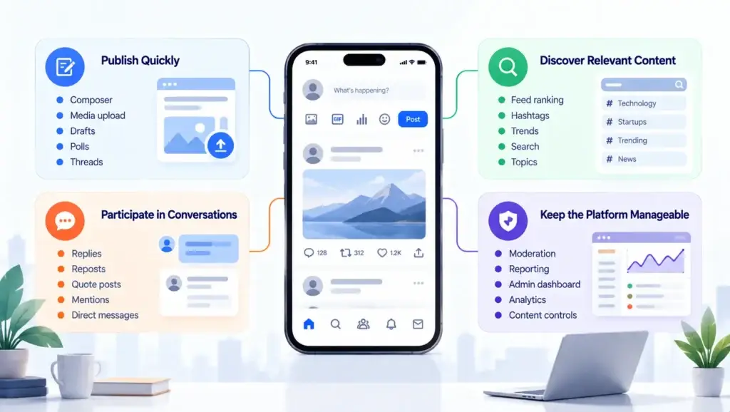 What Features Matter Most in a Real-Time Microblogging Platform for Discovery, Conversation, and Engagement? 1 Core real-time microblogging platform features for publishing, content discovery, conversations, moderation, and analytics