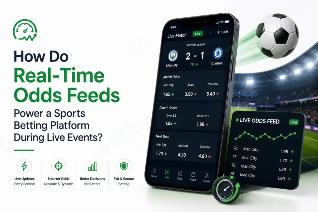 Real-time odds feeds powering a sports betting platform with live match updates, changing betting odds, in-play markets, and live event data.