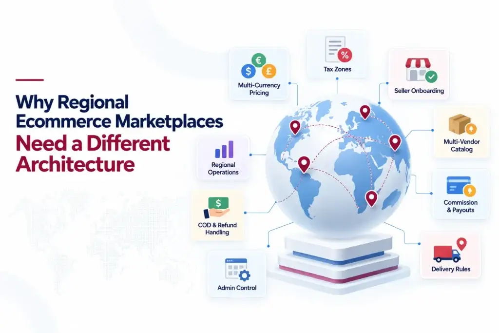 Regional Ecommerce Marketplace Architecture: Multi-Currency, Tax Zones, Seller Operations, and Delivery 1 Regional ecommerce marketplace architecture showing multi-currency pricing, tax zones, seller onboarding, multi-vendor catalog, commissions, payouts, COD, refunds, delivery rules, and admin control